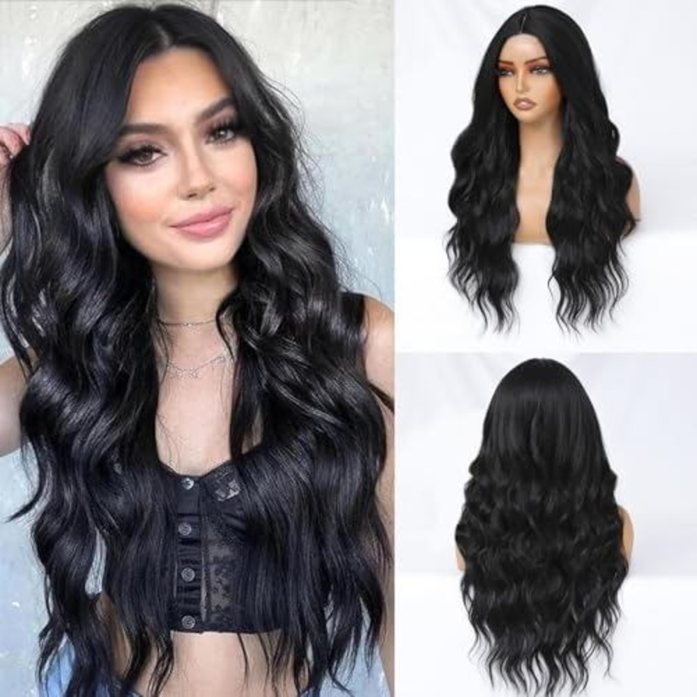 Long Wavy Black‎ Synthetic Wig Middle Part Heat Resistant Body Wave Hair 24 Inch